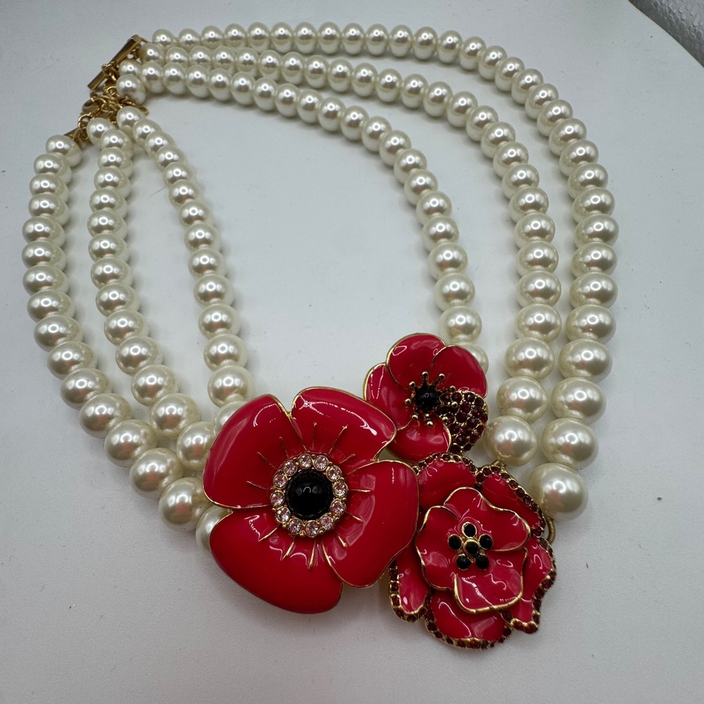 Talbots Necklace Womens White Red Faux Pearl Three Strand Enamel Poppy Flower